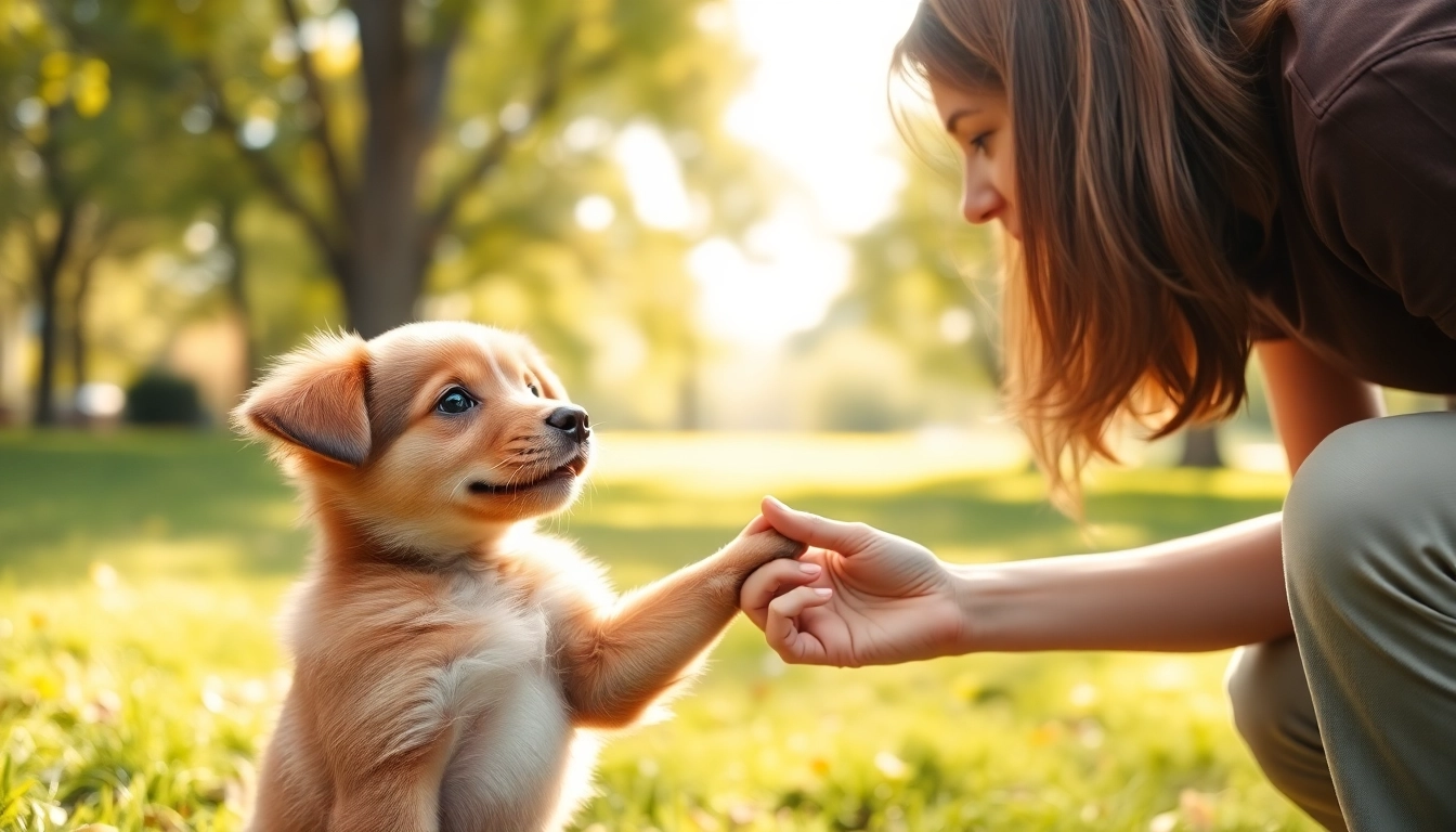 Puppy training Houston: A young puppy eagerly learns commands from an experienced trainer outdoors.